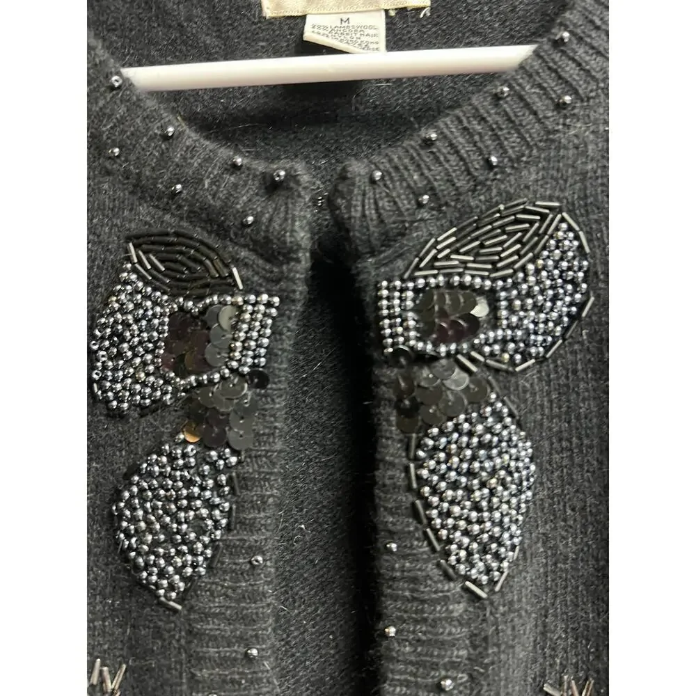Potomac Collection Embellished Sweater Cardigan Black Bow Shoulder Pads Vintage